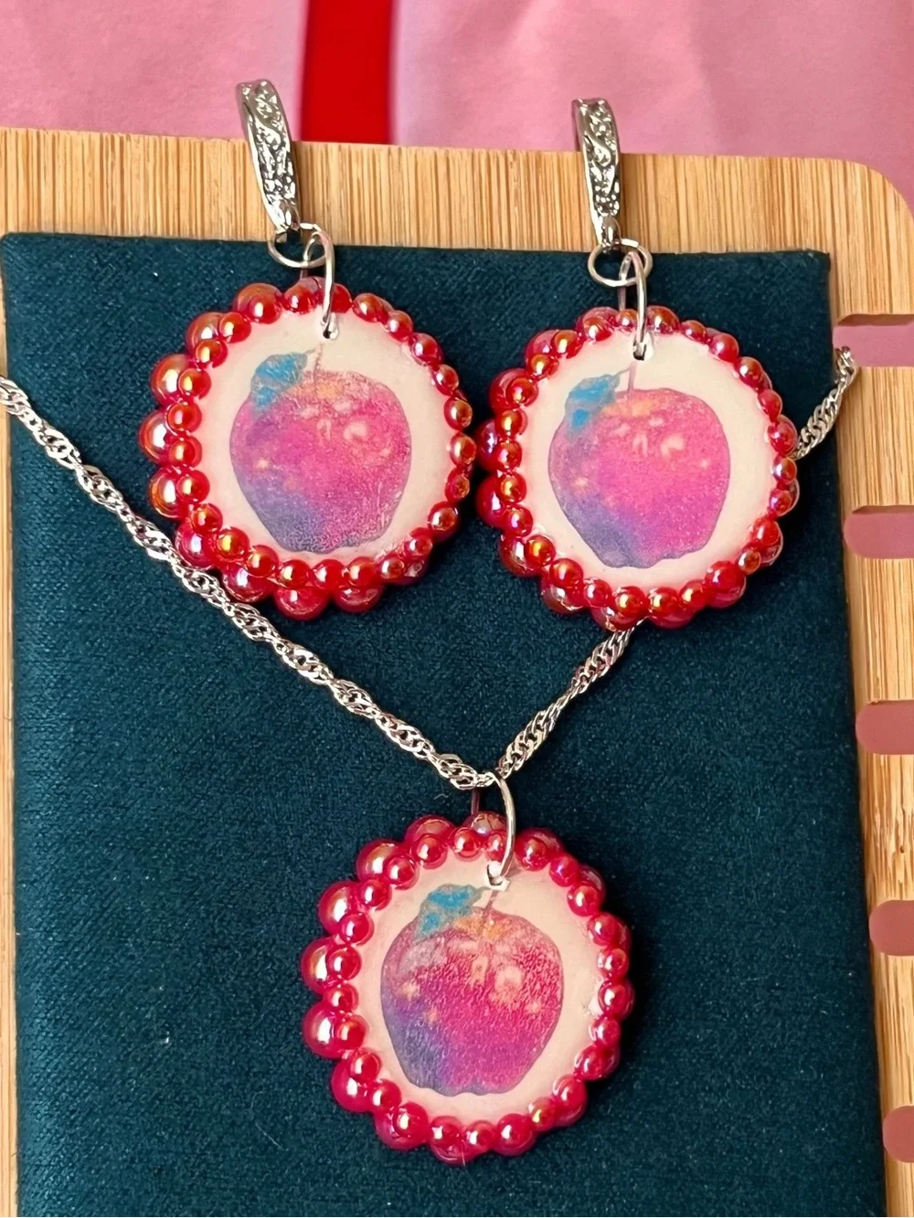 Red Apple Bead Pendant Necklace and Earring Set